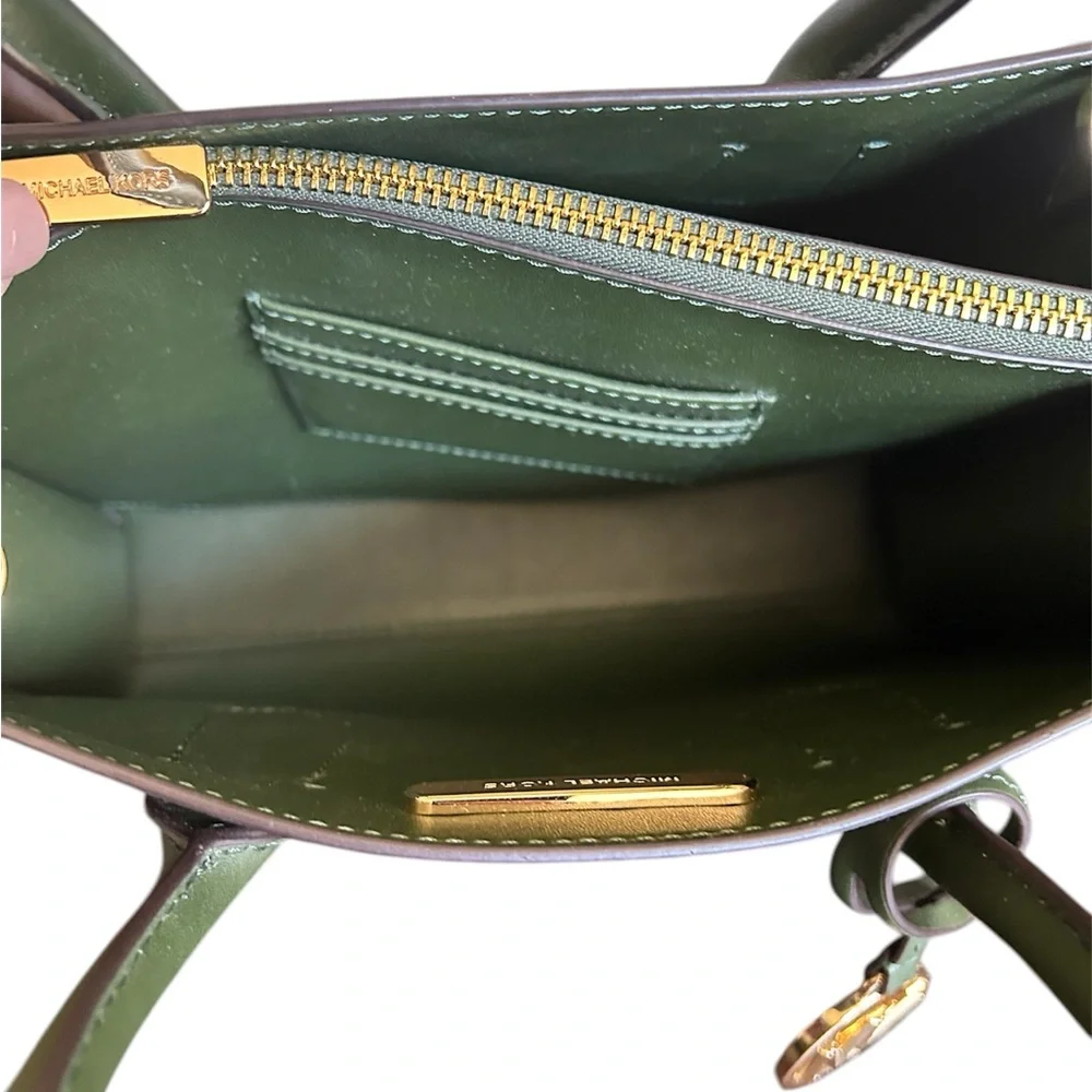MICHAEL KORS Brown MK Logo Satchel with Olive Green Trim and Gold Hardware